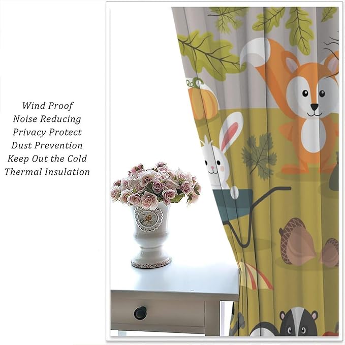 Cartoon Curtains, Jungle Animals Autumn Fun Pattern Blackout Window Treatments, Rod Pocket Thermal Insulated Drapes 2 Panel Sets for Children Boys Bedroom Nursery Classroom, 63" W X 72" L