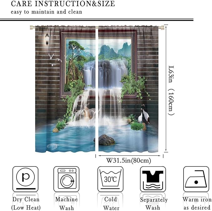Waterfall Blackout Window Curtains, Tropical Rainforest Jungle Plants Forest Wild Nature Landscape Window Drapes, for Living Room Bedroom 63x63in 2 Panels