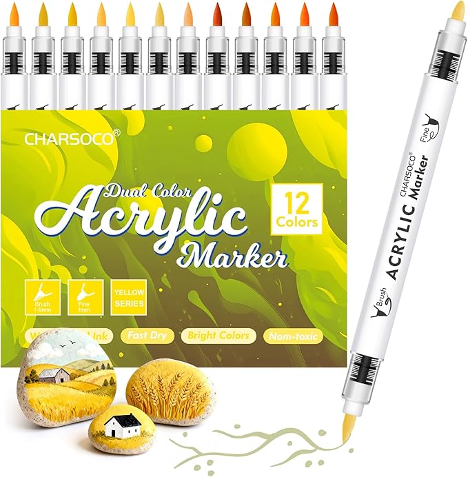 Yellow Tones Acrylic Paint Pens, 12 Colors Markers Set with Soft Brush & Bullet Tip, for Rock, Painting, Wood, Glass, Ceramic, Canvas, Stone, DIY Crafts, Making Art Supplies, Fabric Paint