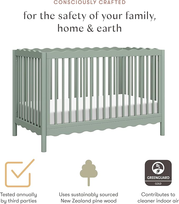 babyletto Swell 4-in-1 Convertible Crib with Toddler Bed Conversion Kit in Light Sage, Greenguard Gold Certified, Made of 100% Solid Wood