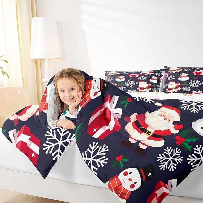 jejeloiu Merry Christmas Comforter Set King Size Xmas Santa Claus Bedding Set for Kids Boys Girls Cute Snowman Duvet Quilt Dark Blue Bedroom Decor