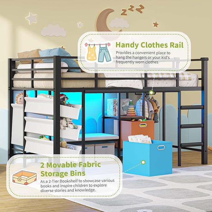 DICTAC Low Twin Loft Bed with Reading Corner,3 Sling Drawers and 2 Movable Storage Bins,Metal Twin Size Loft Bed for Kids with LED Lights and Storage Basket,13.98" H Safety Guardrail & Stairs, Black