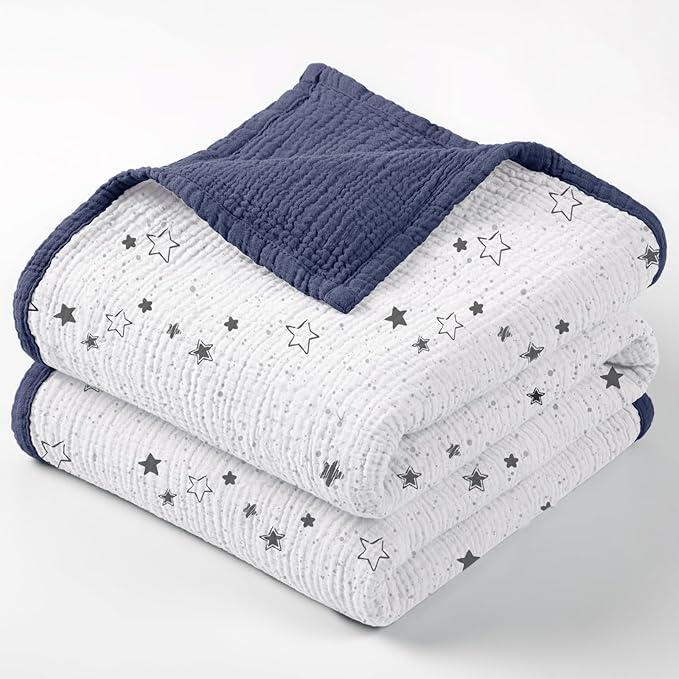 lulumoon Muslin Quilt Blanket, Crib Blanket for Baby and Toddler,47x47 Inches(Blue Star)
