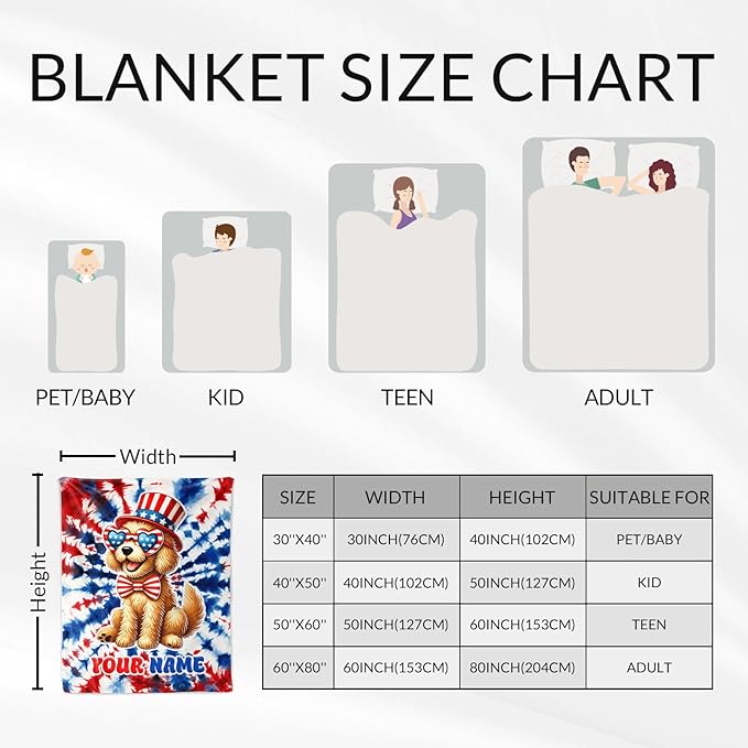 Custom Dog Blanket Gifts - 30" x 40" Inches Golden Retriever Blankets for Girls, Toddler - American Flag Cozy Fuzzy Throw for Crib, Nap