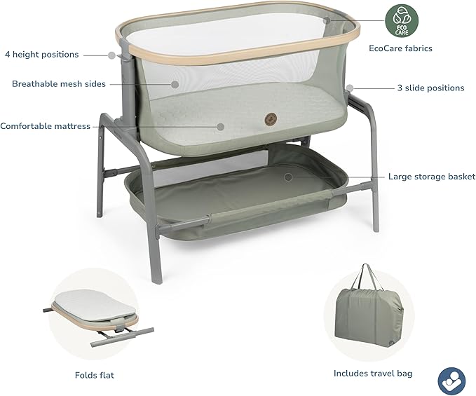 Maxi-Cosi Iora Baby Bassinets Bedside Sleeper, Portable Bassinet, Infant Bedside Sleeper Crib, Height Adjustable, Breathable Mesh, Large Storage Basket, Classic Green