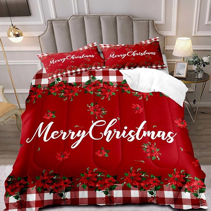 LUVIVIHOME 3PCS Merry Christmas Comforter Set King, Farmhouse Bedding, Holiday New Year Xmas Floral Checkered Red Buffalo Plaid Bedding, Poinsettia Christmas Decorations, Xmas Gifts, 2 Pillow Cases