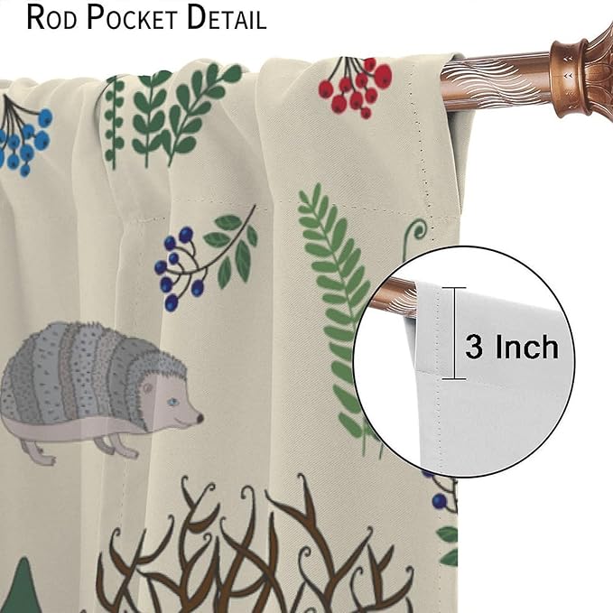 Kids Forest Animal Curtains, Rustic Cute Wild Animal Fox Deer Hedgehog Window Treatments Farmhouse Woodland Window Drapes for Girls Boys Nursery Toddler Bedroom 52x84in