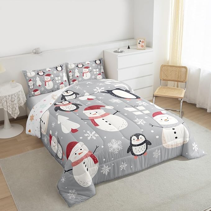 Feelyou Christmas Comforter Set King Size Snowman Snowflake Bedding Set for Kids Boys Girls Penguin Duvet Quilt New Year Gift Bedroom Decor Microfiber 3 Pcs with 2 Pillow Cases