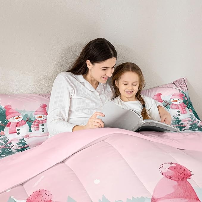 Feelyou Pink Christmas Kids Comforter Set Queen Size Merry Christmas Tree and Snowman Bedding Set Cute Snowman Duvet Quilt for Kids Boys Girls Bedroom Xmas Snowflake Decor Kawaii Soft Breathable