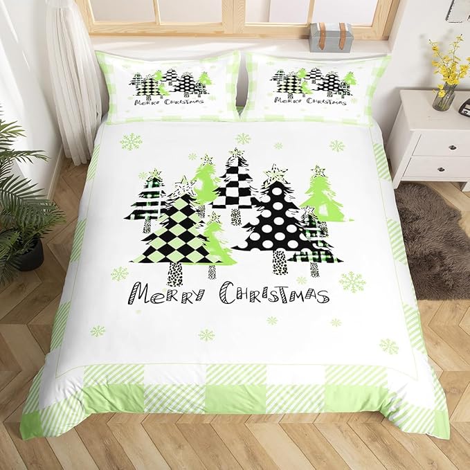 Manfei Xmas Trees Duvet Cover Set King Size, Green Plaid Grid Snowflake Bedding Set for Kids Girls Bedroom Decor, Christmas Theme Comforter Cover New Year Quilt Cover with 2 Pillowcases, No Comforter