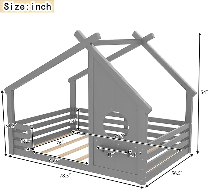 SOFTSEA Full Size House Bed Frame, Kids Floor House Bed with Window and with Storage Shelf for Boys Girls, Wood Montessori Bed with Roof and Guardrails, Grey