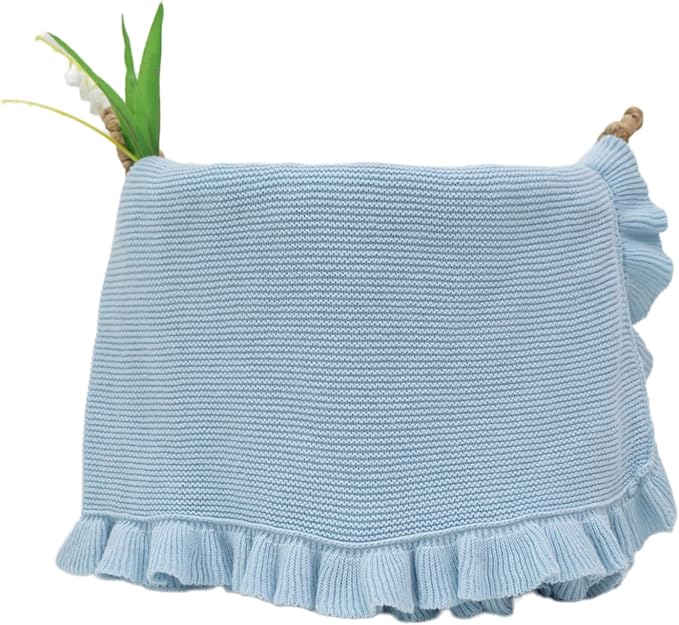 Cotton Baby Blanket with Ruffle Edge Soft Breathable Newborn Blanket for Boys & Girls, Lightweight Knit Throw for Crib, Stroller & Nursery Multiple Colors Available Blue 30x30