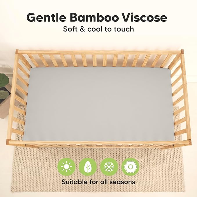 2-Pack Waterproof Baby Crib Sheets for Boys, Girls - 52x28 Viscose Derived from Bamboo Toddler Bed Sheet Neutral, Fitted Crib Mattress Protector Cover for Baby Bedding, Soft & Gentle (Slate)