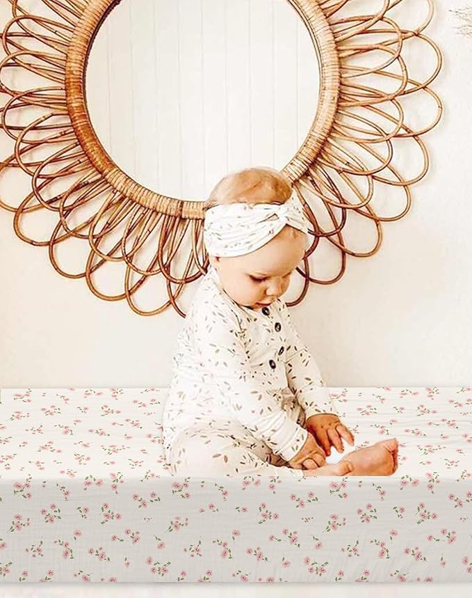 Changing Pad Cover for Baby Boy Girl 2 Pack, Muslin Changing Table Pad Covers with Boho Style, Neutral Nursery Bedding Essentials Soft and Breathable (Rosy)