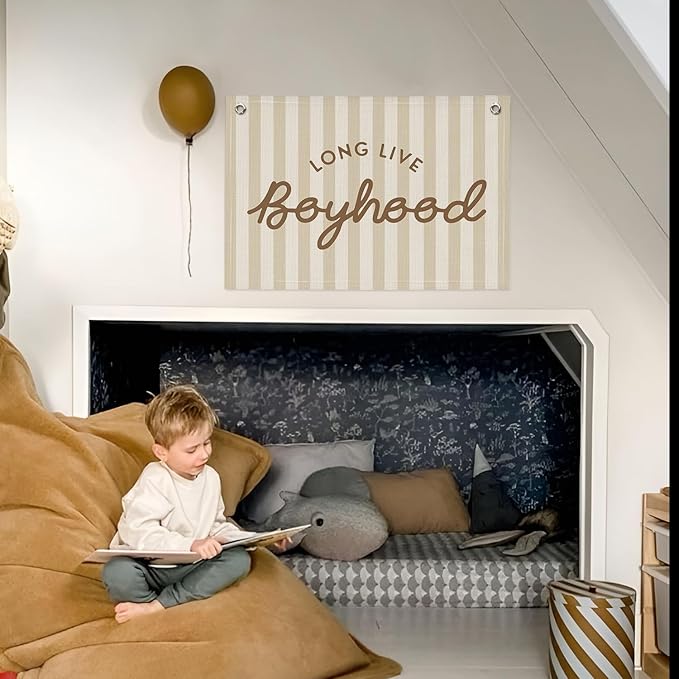 Long Live Boyhood Banner, Boy Nursery Decor, Canvas Banner Wall Hanging Flag Decor for Nursery Playroom Toddler Room, Boys Kids Room -Beige