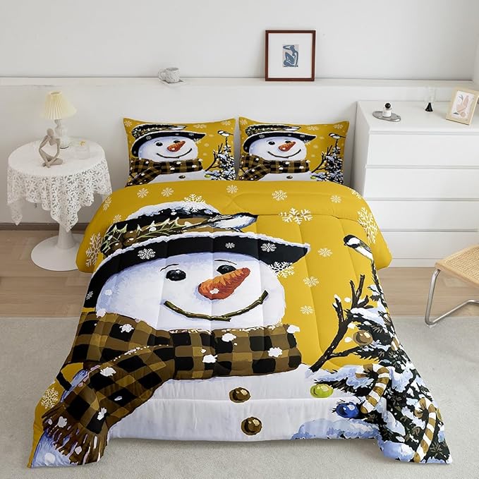 Feelyou Kids Christmas Theme Decorations Bedding Set Xmas Snowman Comforter Set for Boys Girls Snowflake Kawaii Cute Comforter Bright Yellow Quilt Set Bedroom Collection Toddler Size