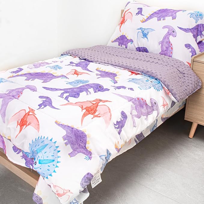 Toddler Bedding Set, Plush Minky Fabric Crib Bedding Set for Girls, Breathable and Soft Baby Crib Bedding Set, Includes Toddler Comforter, Flat Sheet, Fitted Sheet and Pillowcase (Purple Dinosaur)