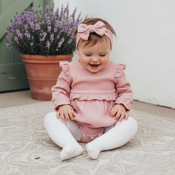 Newborn Infant Baby Girl Clothes Cotton Linen Long Sleeve Smocked Bubble Romper Ruffle Bodysuit Jumpsuit Fall Outfit