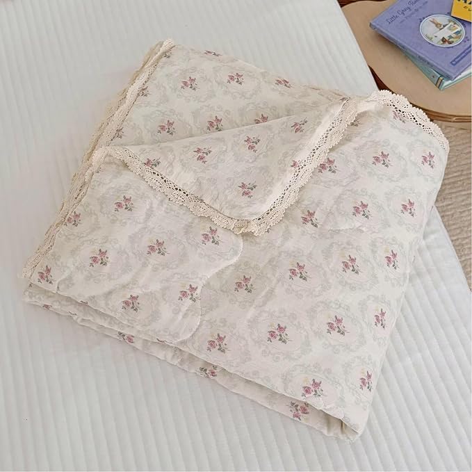 BuLuTu Double-Layer Cotton Muslin Toddler Quilted Blanket, Romantic Floral Design Baby Girls Crib Comforter with Lace Edges, Soft Lightweight Kids Quilt, 47"x59", Begonia Print
