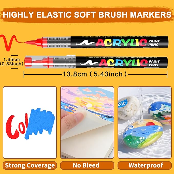 Paint Pens Acrylic Markers - 12 Warm Tone Brush Tip Water Based Marker Pens for Rock Painting, Wood, Ceramic, Glass, Acrylic Paint Markers for Egg Pumpkin