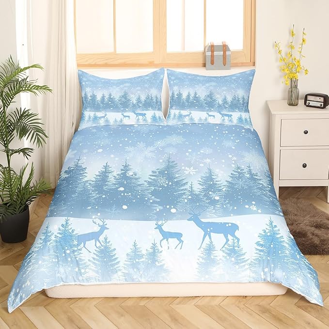 Manfei Blue Glitter Duvet Cover Set King Size, Xmas Trees Deers Snowflakes Print Comforter Cover with 2 Pillowcases, New Year Theme Bedding Set 3pcs for Kids Girls Teens Bedroom Decor,No Comforter