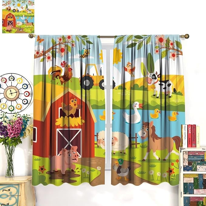 Farmhouse Curtains, Farm Scene Cartoon Animals Pattern Blackout Window Treatments, Rod Pocket Thermal Insulated Drapes 2 Panel Sets for Children Boys Bedroom Nursery Classroom, 42" W X 54" L