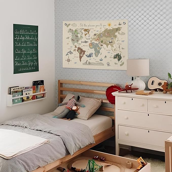 Wheatwin Playroom Decor, World Map Banner for Kids, World Maps for Wall, World Map Cute Animal Tapestry Wall Hanging Banner Flag Decor for Kids Room Classroom Nursery Homeschool 20x30 (Updated)
