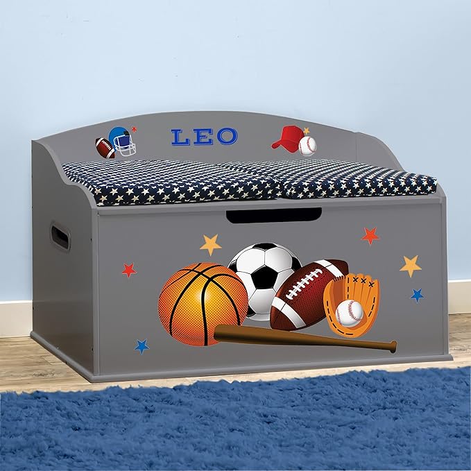 DIBSIES Personalized Creative Wonders Toy Box, Sports, 30 x 19.25 x 18 inches, Soft-Close Lid (Dovetail Grey)