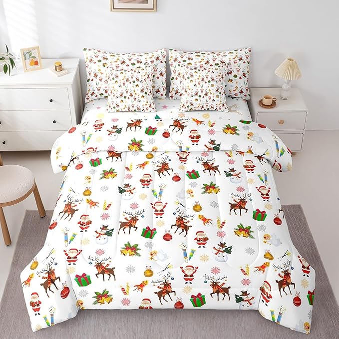Feelyou Christmas Kids Bed Set Cute Snowman Santa Claus Bed in a Bag Boys Girls Cute Reindeer Comforter Set with Sheets Christmas Bells Cartoon Design Bedding Set Bedroom Collection King Size