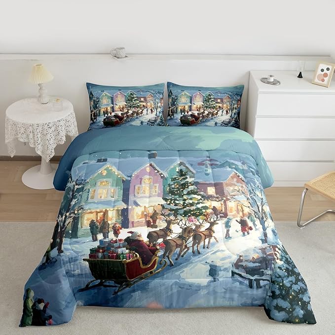 Feelyou Watercolor Christmas Comforter Set Twin Size Santa Claus Bedding Set for Kids Boys Girls Reindeer Sled Duvet Quilt Xmas Tree Bedroom Decor Microfiber 2 Pcs with 1 Pillow Cases