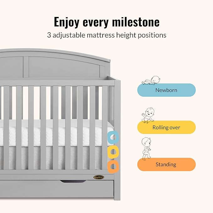 Dream On Me Storybrooke 5-in-1 Convertible Full-Size Crib with Under Drawer, Pebble Grey, GreenGuard Gold & JPMA, Convert to Toddler, Day & Full-Size Bed, 3 Mattress Heights, Sustainable Pinewood
