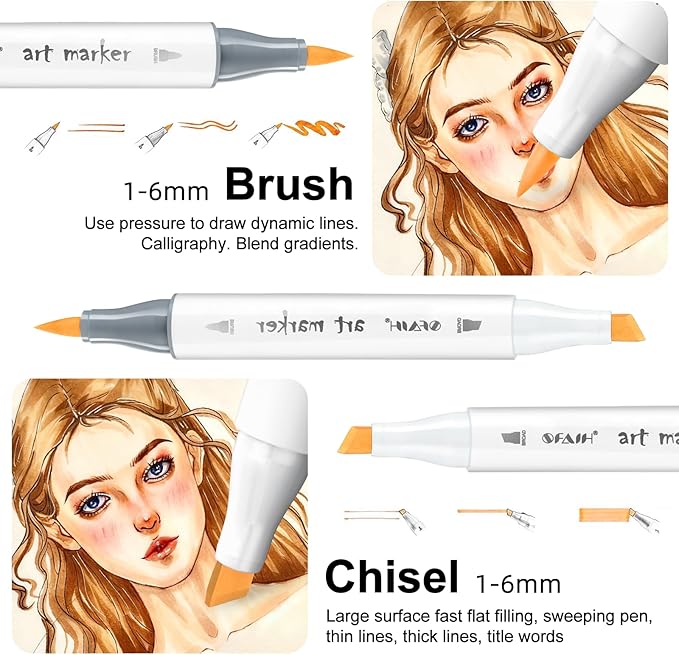 SFAIH Skin Tone Alcohol Markers Brush & Chisel - 37 Portrait Color Permanent Markers for Adults/Teen/Artists/Creators, Blendable Art Markers for Coloring Sketch & Drawing & Illustration-Refillable Ink