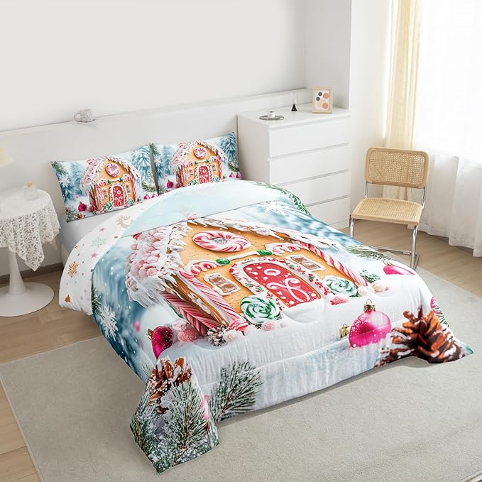 Feelyou Christmas Snowscape House Landscape Bedding Set Soft for Boys Girls,Gingerbread House Comforter Set Twin Size Candy Canes Duvet Quilt Pine Branches Bedroom Decor 2 Pcs with 1 Pillow Cases