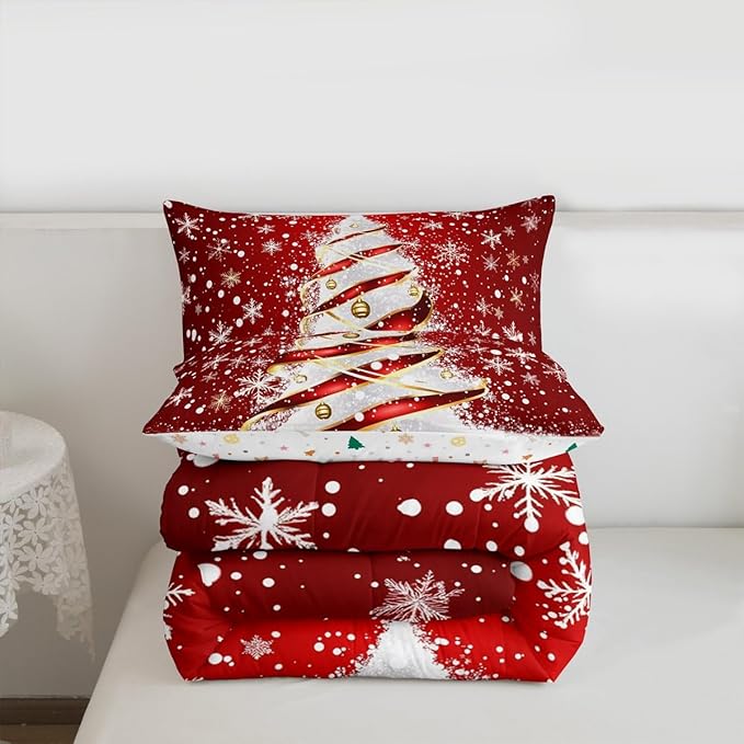 Feelyou Merry Christmas Comforter Set King Size Christmas Tree Bedding Set for Kids Boys Girls Snowflake Duvet Quilt Winter Bedroom Decor Microfiber 3 Pcs with 2 Pillow Cases