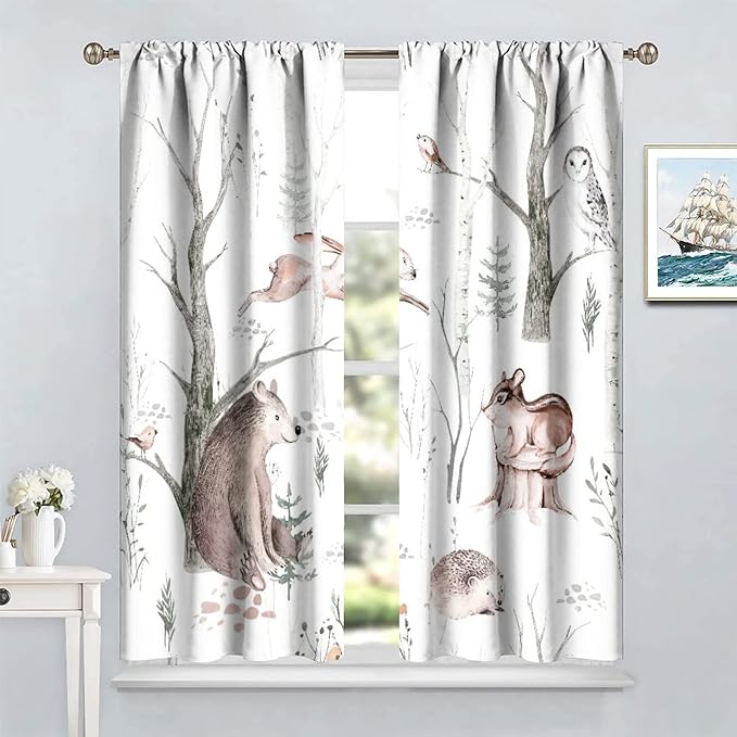 Watercolor Woodland Animal Curtains, Wildlife Bear Farmhouse Lodge Cabin Squirrel Owl Hedgehog Fox Blackout Rod Pocket Windows Door Curtain for Bedroom Living Room Home Decor 72x63in