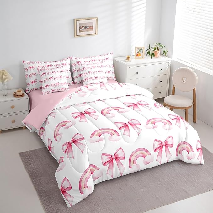 Manfei 7 Pieces Pink Bowknot Princess Comforter King,Rainbow Cloud Bow Tie Toddler Bedding Set,Bow Princess Tale Style Cartoon Dreamy（Comforter+Fitted+Flat Sheet+2 Pillowcases+2 Throw Pillow Covers）