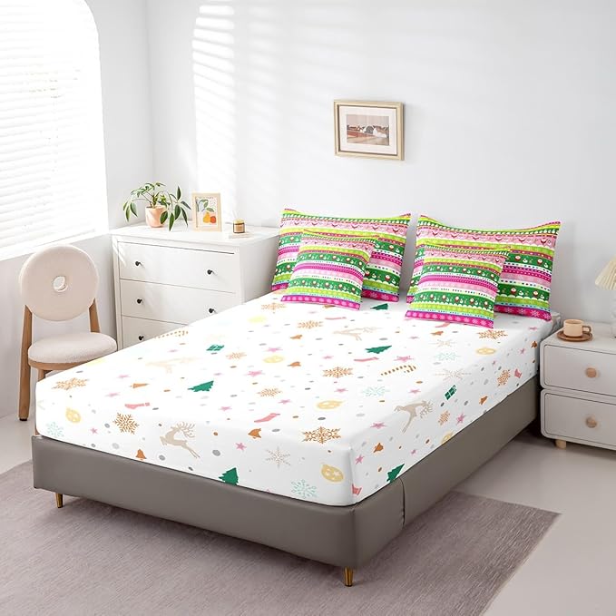 Feelyou Christmas Bed Set Snowman Christmas Reindeer Print Comforter Set with Sheets Xmas Santa Claus Bed in a Bag for Kids Girls New Year Theme Bedding Set Bedding Queen Size