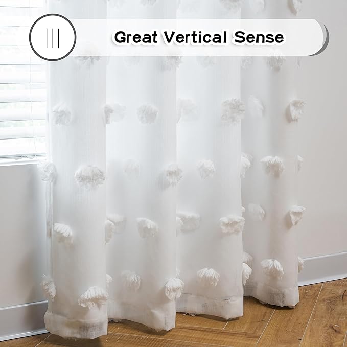 MYSKY HOME Light Blocking White Curtains for Living Room White Sheer Pom Pom Kids Room Decor Drapes 108 Inches Long Double Layer Curtain for Sliding Door Grommet Window Panels Set of 2 52" x 108"