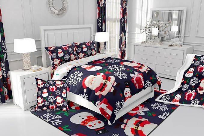 jejeloiu Merry Christmas Comforter Set Full Size Xmas Santa Claus Bedding Set for Kids Boys Girls Cute Snowman Duvet Quilt Dark Blue Bedroom Decor