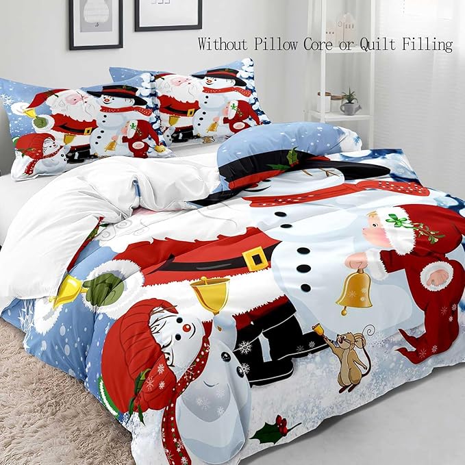 LUVIVIHOME 3PCS Christmas Duvet Cover Full Bedding Set, Boys Girls Kids Bedding, Cartoon Cute Snowman Santa Claus Winter Holiday New Year Xmas Christmas Comforter Bedspread Quilt Cover, 2 Pillow Cases