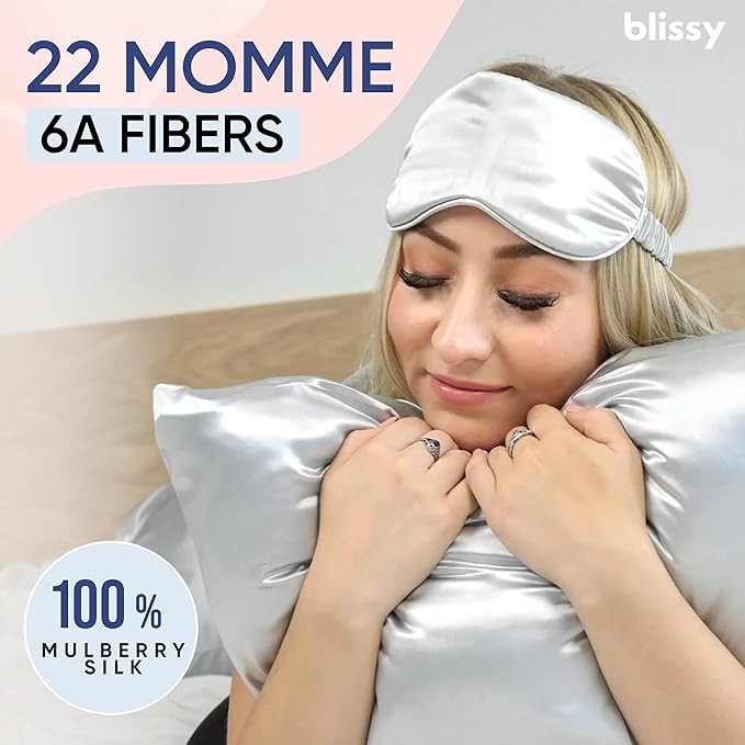 Blissy Silk Pillowcase - 100% Pure Mulberry Silk - 22 Momme 6A High-Grade Fibers - Silk Pillow Cover for Hair & Skin - Regular, Queen & King (Silver, Standard)