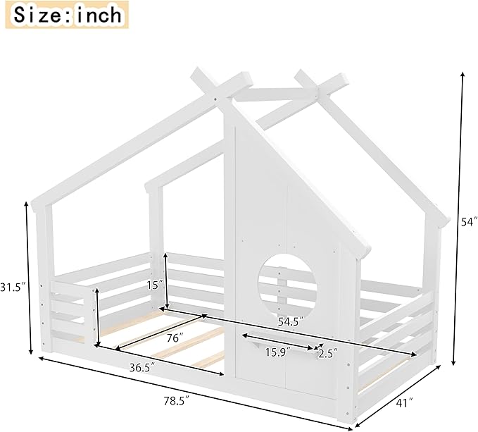 SOFTSEA Twin Size House Bed Frame, Kids Floor House Bed with Window and with Storage Shelf for Boys Girls, Wood Montessori Bed with Slats and Guardrails, White