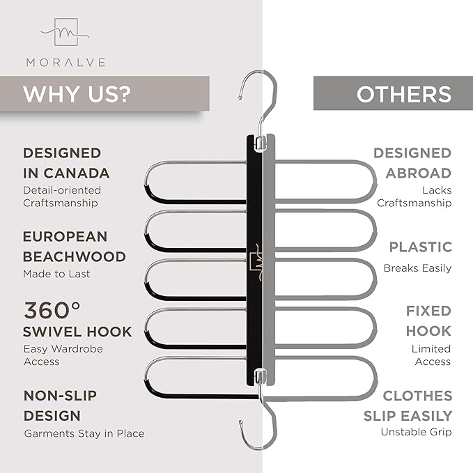 MORALVE Pants Hangers Space Saving - 2 Pack European Beechwood Scarf and Jean Hangers - Closet Organizer and Space Saver Pant Rack, Leggings Hanger, and Scarf Holder with 360° Swivel Hook