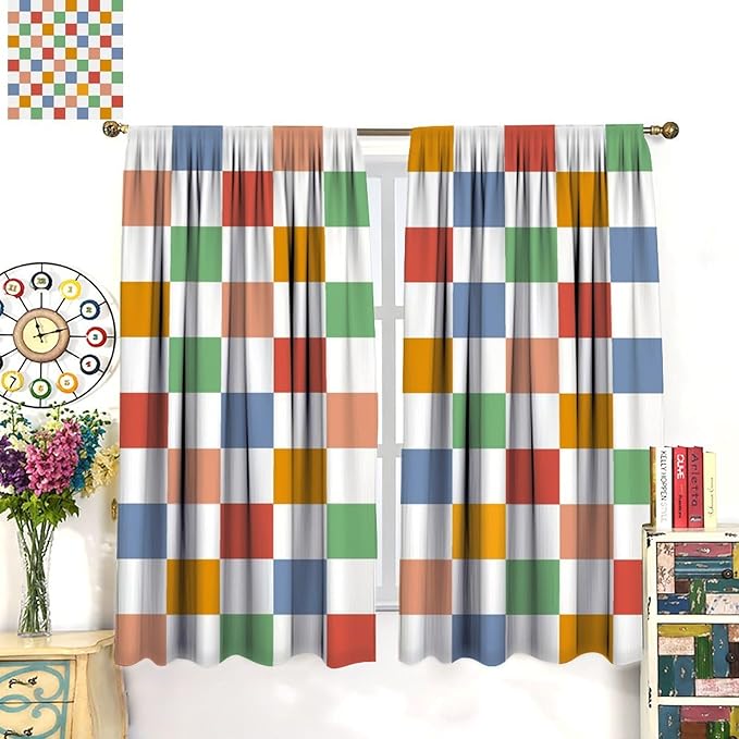 Retro Checkered Curtains,70s Vintage Twisted Checkered Window Drapes Colorful Groovy Trendy Wavy Hippie Grid Print Window Treatments for Kids Girls Bedroom Living Room Bathroom 42" W X 45" L