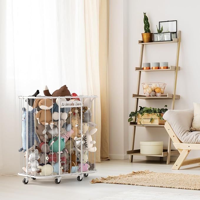 300L Stuffed Animal Organizer Plush Toy Storage Organizer Toy Storage Basket, Kids Toy Storage Bins with Wheels, Metal Frame and Elastic Cord Design, Suitable for Storage of Any Stuff