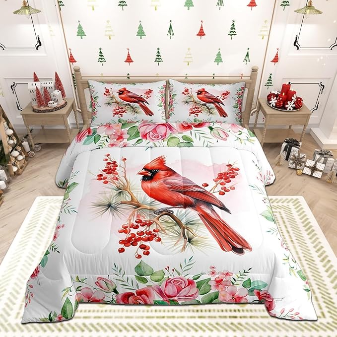 Christmas Bird Comforter Set Toddler Size,Watercolor Red Cardinal Berry Xmas Theme Bedding Set for Kids Girls Bedroom,Pink Floral Green Plant Painting Quilted Set with 1 Pillowcase, White