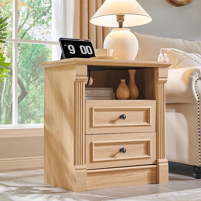26" Tall 2 Drawers Dresser for Bedroom, Farmhouse 23.6" Wide Large Nightstand with Charging Station, Wood Rustic Side Table w/Roman Column, End Table for Bedroom, Living Room, Natrual