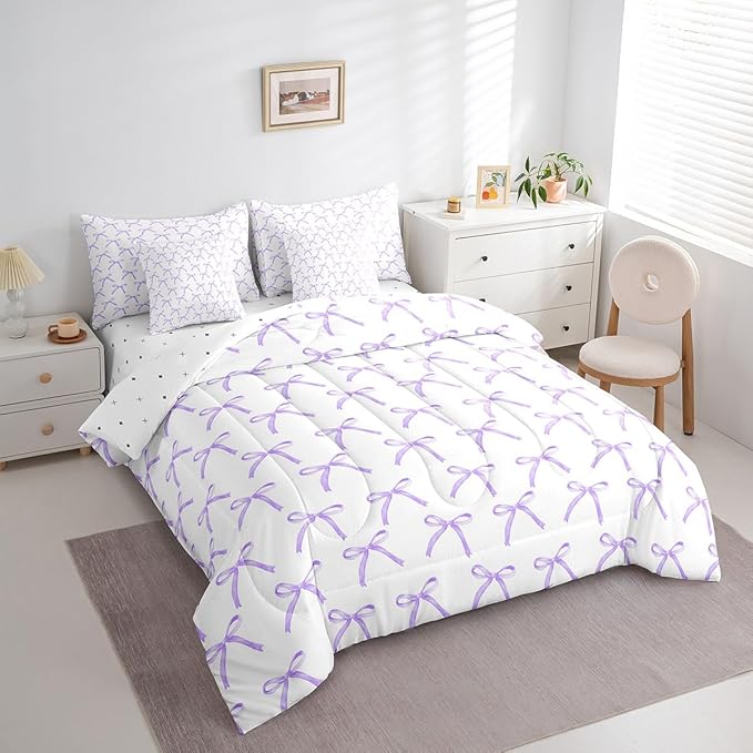 Manfei 7 Pieces Cartoon Bowknot Kids Comforter King Size,Bow Tie Knot Fashion Princess Bedding Set,Cute Bow Sketch Geometric Purple Romantic（Comforter+Fitted+Flat+2 Pillowcases+2 Throw Pillow Covers）