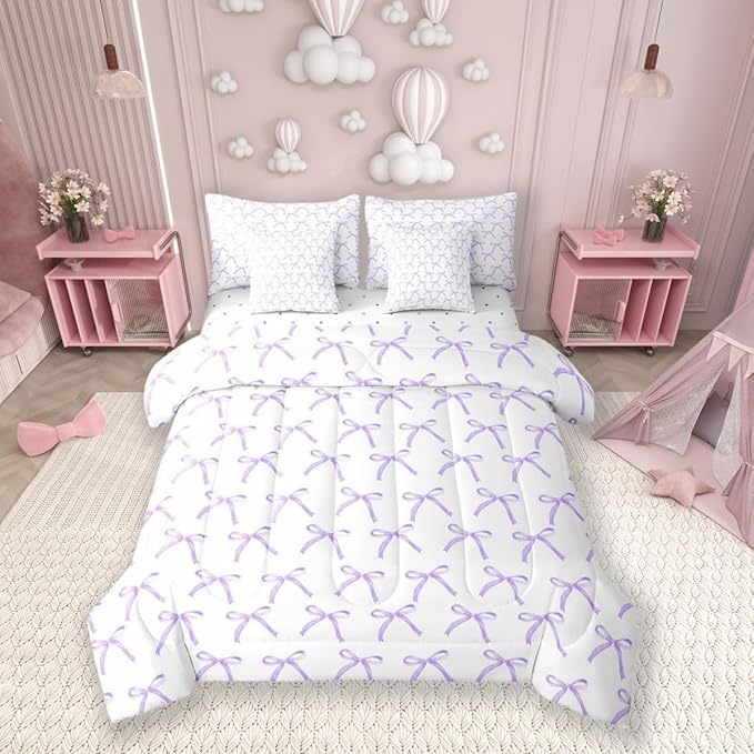 Manfei 7 Pieces Cartoon Bowknot Kids Comforter Queen Size,Bow Tie Fashion Princess Girls Bedding Set,Cute Bow Geometric Purple Romantic（Comforter+Fitted+Flat+2 Pillowcases+2 Throw Pillow Covers）