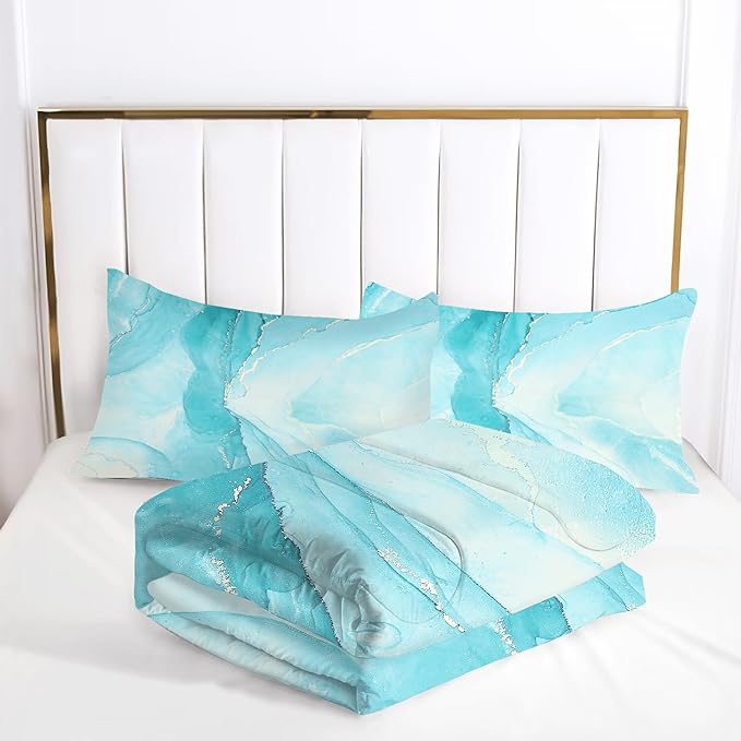 Blue Comforter Set Queen: Aqua Blue Marble Bedding Set for Teens Girls Boys Abstract Teal Blue Marbling Quilt Duvet Queen Size Bed Sets 1 Comforter & 2 Pillowcases